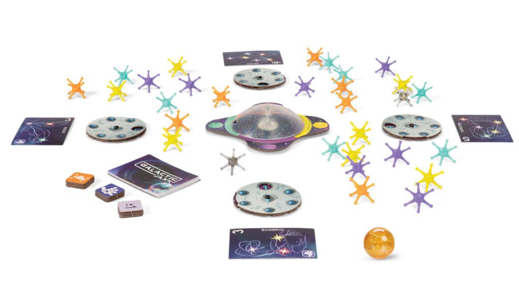 The Drop Zone, Space Ball, Jaxx, Constellation Cards, and Star Gear Tracker gameplay pieces in Galactic Jaxx game. 