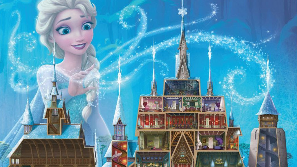 A figure of Elsa looks at her castle with snow coming out of her hands.
